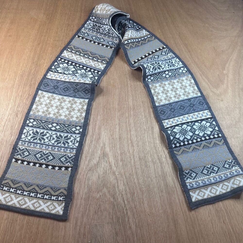 Fair Isle Knit Scarf Gray Taupe Neutral Winter Unisex Long - Picture 2 of 4